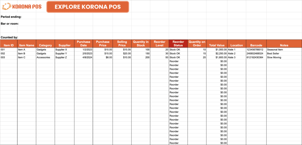 Screenshot of a template for retailers to use for basic inventory management with Google Sheets